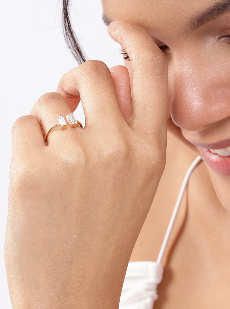 Crystal Baguette Open Ring (Pure Silver) - Rose Gold